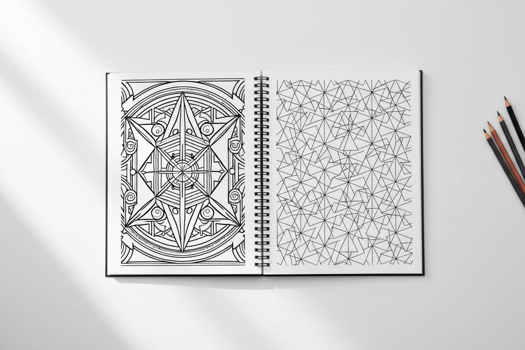 Open book spread mockup - Geometric Coloring Book