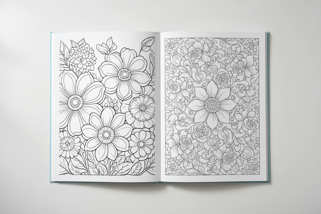 Open book spread mockup - Flowers Coloring Book