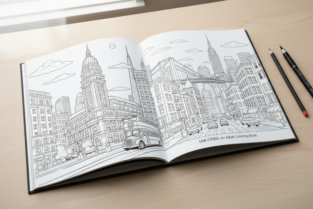 Open book spread mockup - Cities in USA Adult Coloring Book